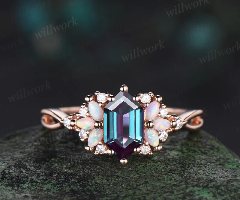 Long Hexagon cut alexandrite engagement ring rose gold women cluster opal diamond unique promise ring her infinity anniversary gfit