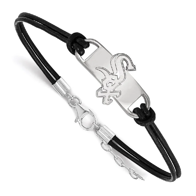 Sterling Silver Rhodium MLB Chicago White Sox Leather Bracelet, 7 Inch