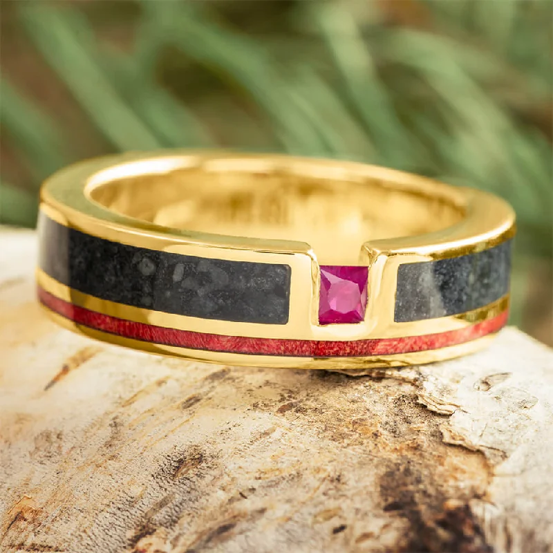 Onyx and Ruby Wedding Band for Men in Yellow Gold