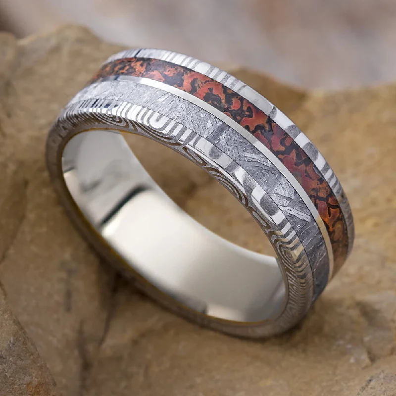 Meteorite & Dinosaur Bone Wedding Band With Damascus Steel