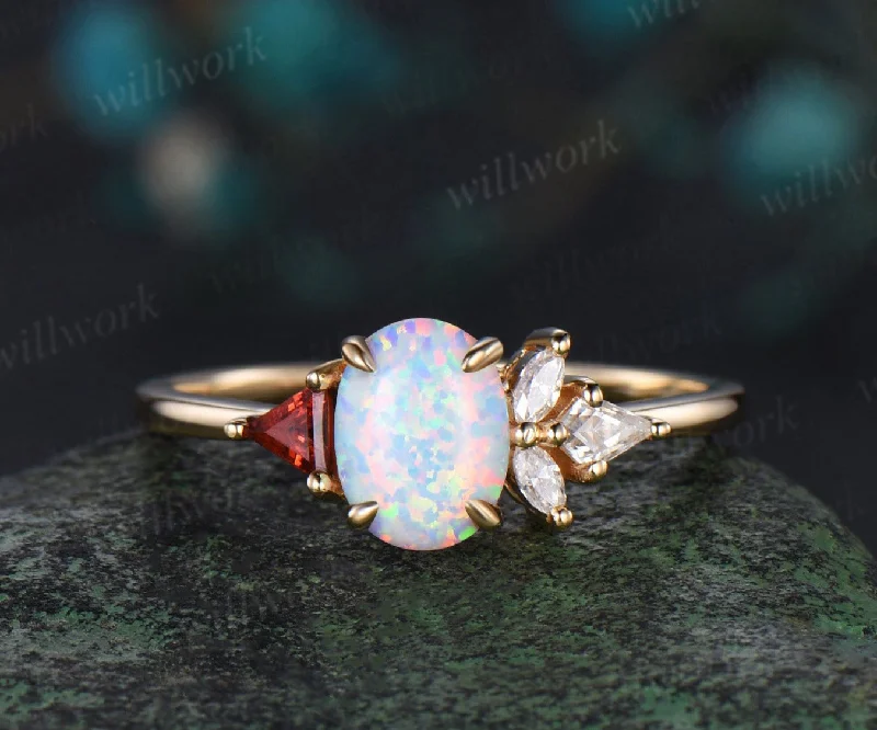 Oval white opal ring vintage yellow gold Trillion cut garnet kite moissanite ring women cluster unique engagement ring gift