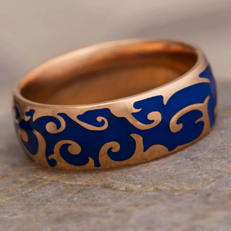 Rose Gold Ring With Intricate Blue Enamel Decoration