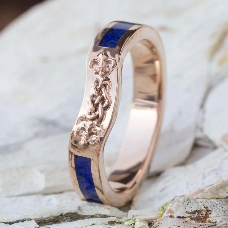 Celtic Knot Bridal Wedding Band, Rose Gold Ring With Lapis Lazuli