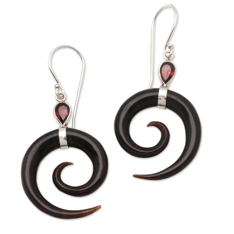 NOVICA Shadow Swirls, Garnet and horn dangle earrings - 2*0.9