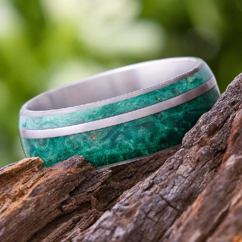 Green Box Elder Burl Wood Ring with Titanium Pinstripe