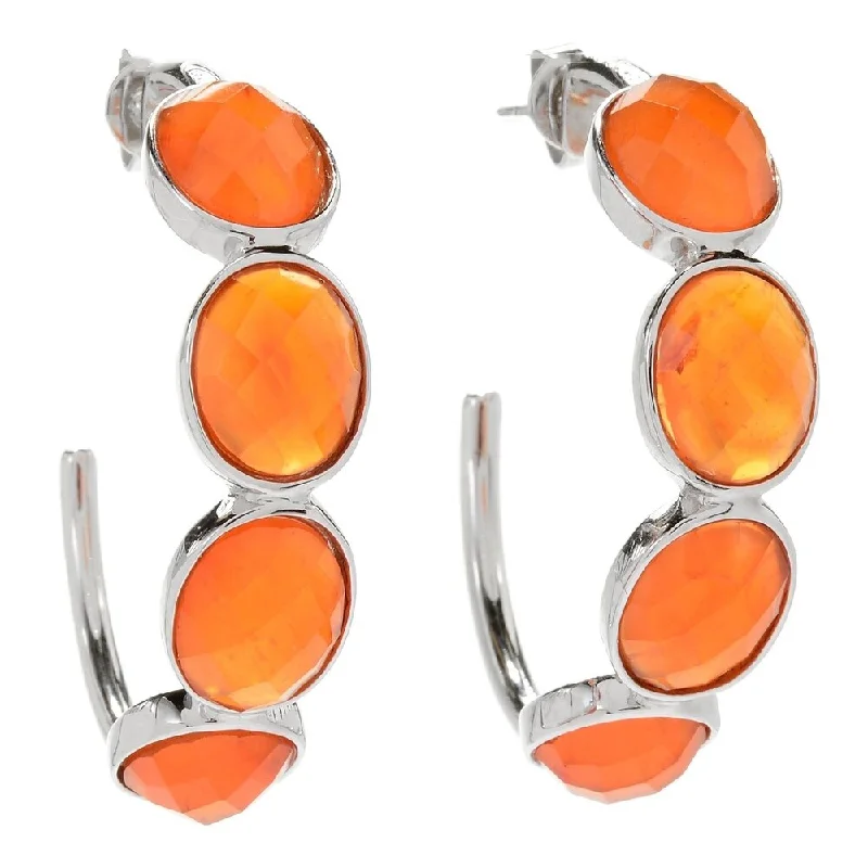 Sterling Silver 1.5" Checkerboard Cut carnelian 4-Stone Hoop Earrings