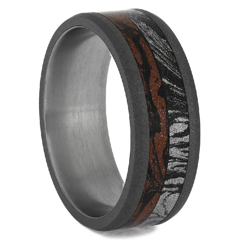 Sandblasted Wedding Band with Red, Black, and White Mokume