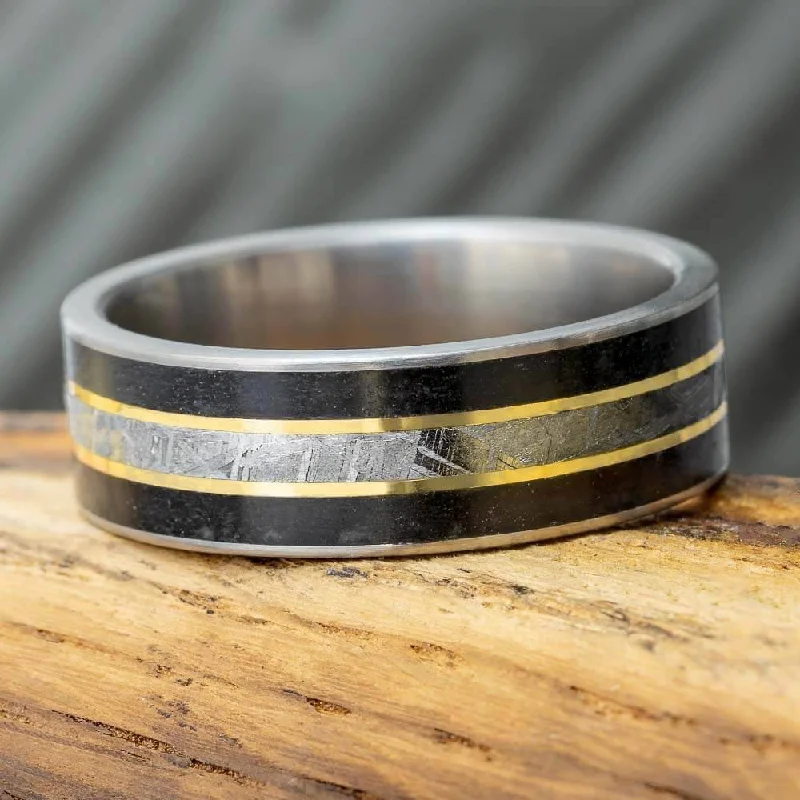 Meteorite & Obsidian Men's Wedding Band With Gold Pinstripes