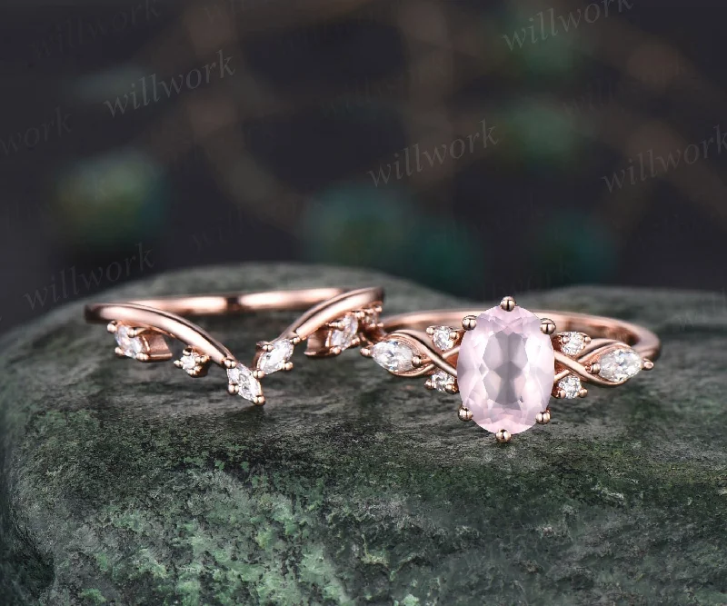 Oval rose quartz ring rose gold 6 prong art deco cluster unique engagement ring women antqiue diamond ring vintage dainty crystal ring gift