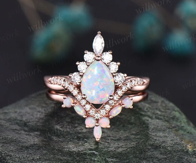 Opal ring gold women vintage pear opal engagement ring set rose gold marquise ring set Twisted moissanite ring dainty custom wedding ring