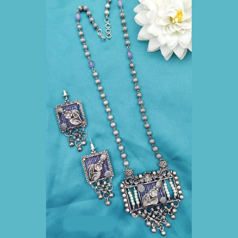 Fancyla Oxidised Plated Pota Stone And Pearls Long Necklace Set