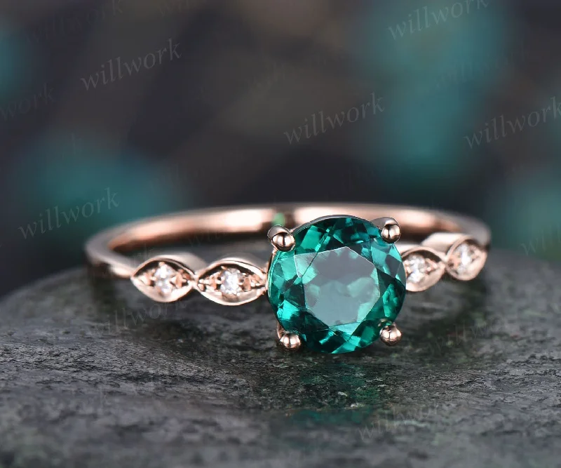 6.5mm round emerald engagement ring art deco diamond ring for women antique rose gold ring May birthstone jewelry marquise ring bridal ring