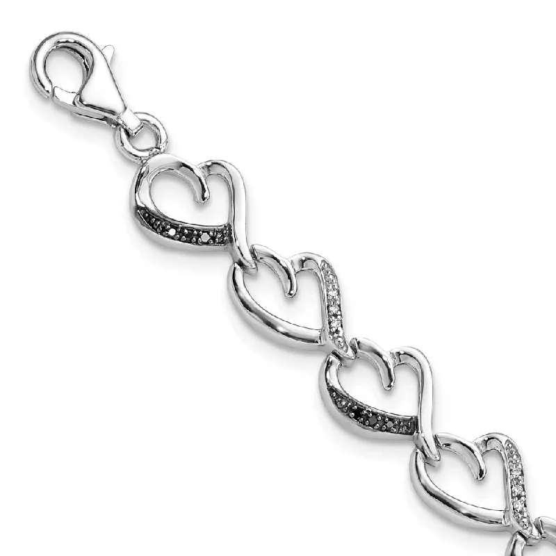 Black & White Diamond 9mm Heart Bracelet in Sterling Silver, 7.5 Inch