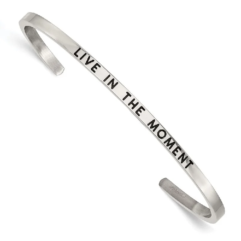 3mm Stainless Steel Enamel & Crystal LIVE IN THE MOMENT Cuff Bracelet