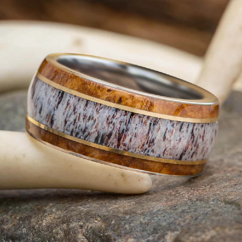 Thick Wedding Band With Wood, Antler And Bronze Stripes