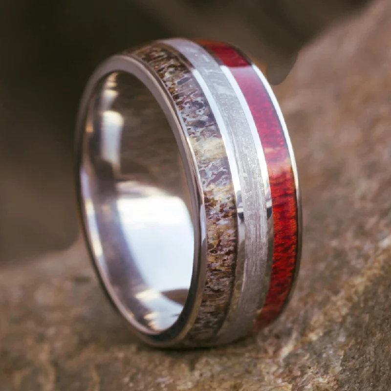 Men's Wedding Band With Wood, Meteorite & Antler