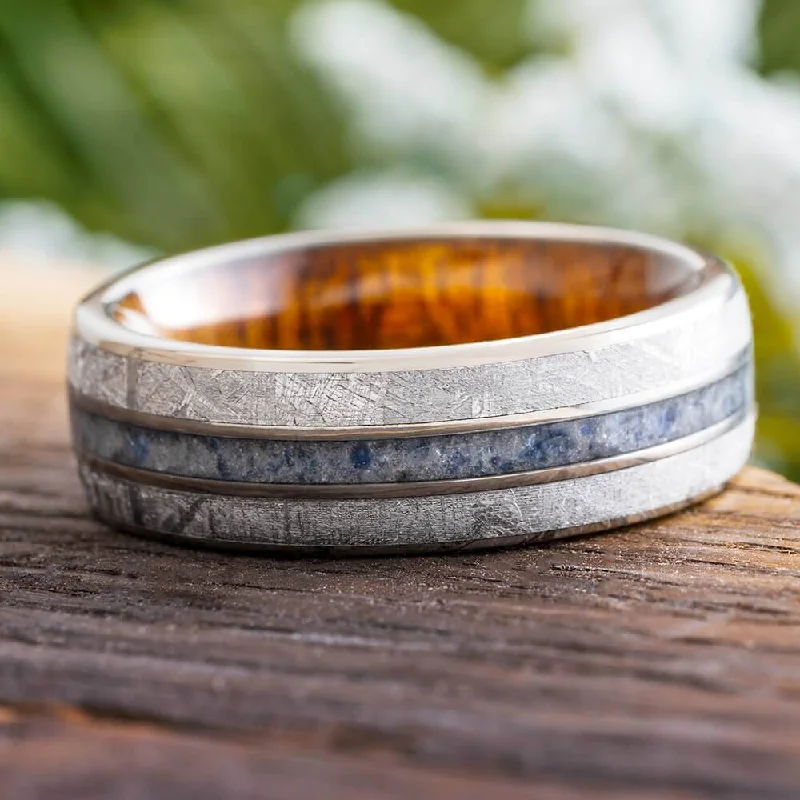 Meteorite and Sapphire Wedding Band for Men with Koa Wood