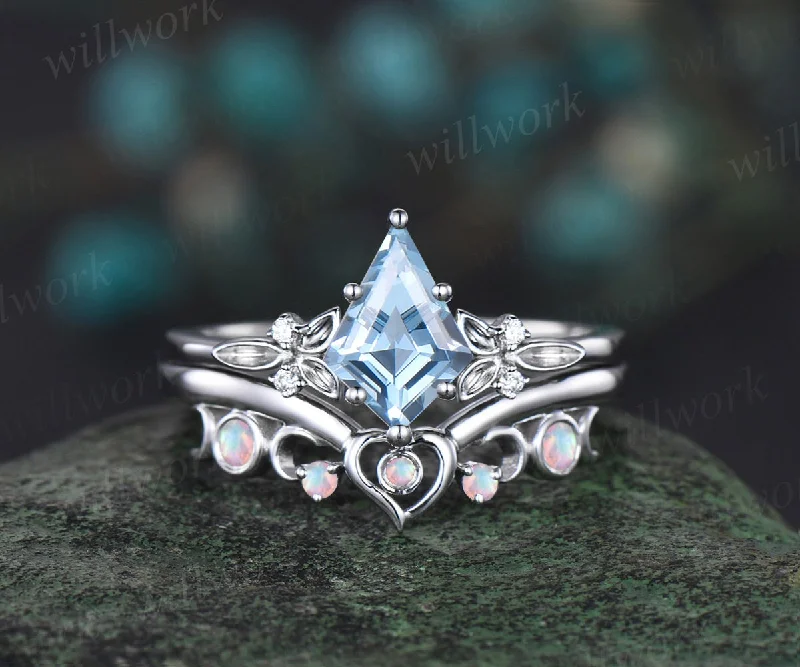 Kite cut Aquamarine ring vintage white gold unique engagement ring Celtic knot heart moon opal bridal anniversary ring set women jewelry