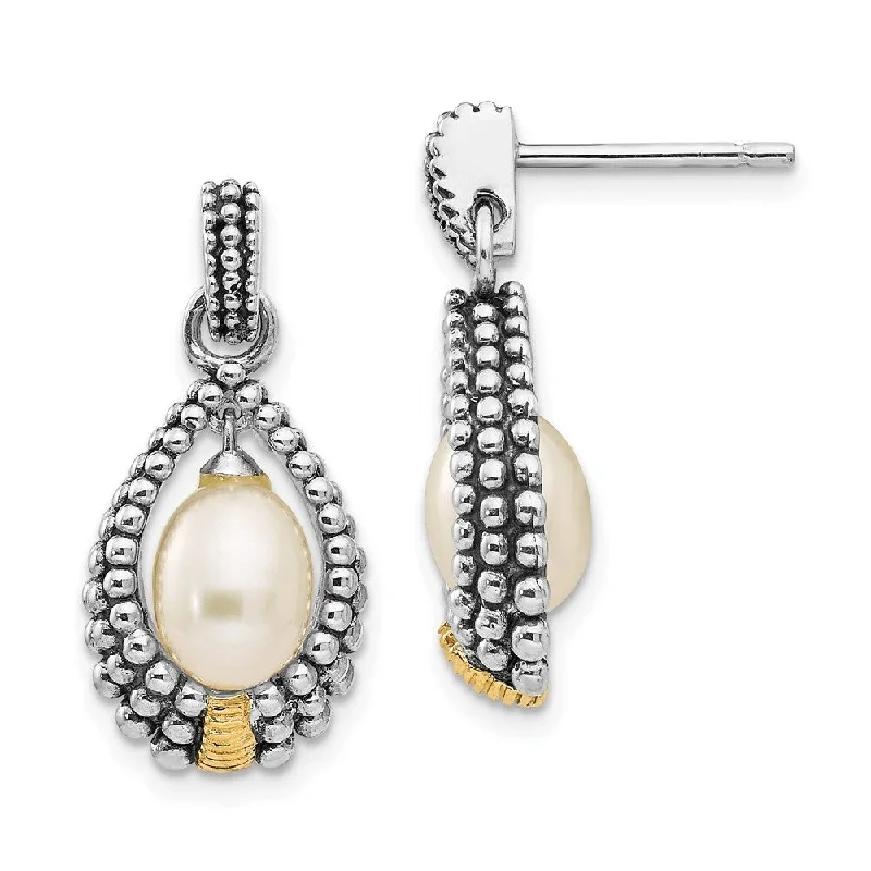 925 Sterling Silver 14k Yellow Gold Pearl Drop Earrings (L-20 mm, W-11 mm)