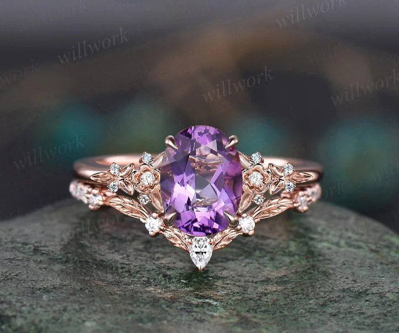 Vintage oval purple Amethyst engagement ring set 14k rose gold leaf floral nature inspired diamond ring unique promise wedding ring women