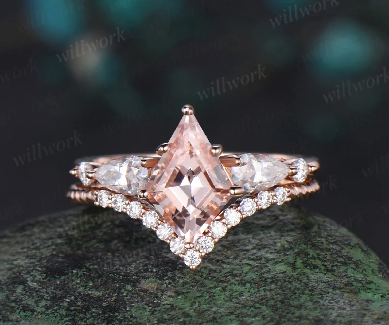 Kite cut morganite engagement ring rose gold 6 prong five stone pear diamond ring vintage promise bridal ring set women