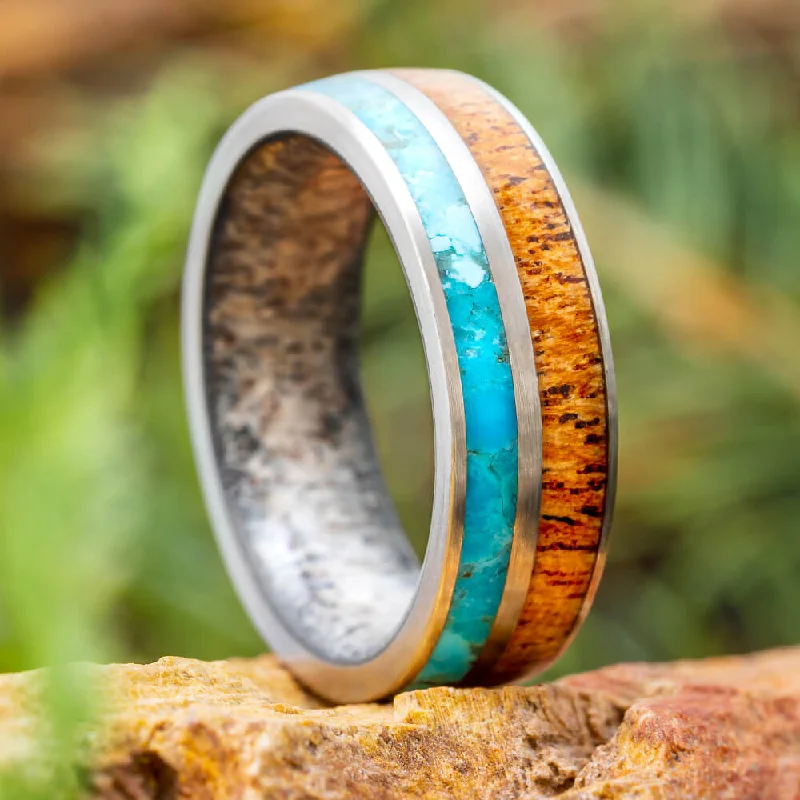 Mesquite Wood Ring With Antler Sleeve And Turquoise