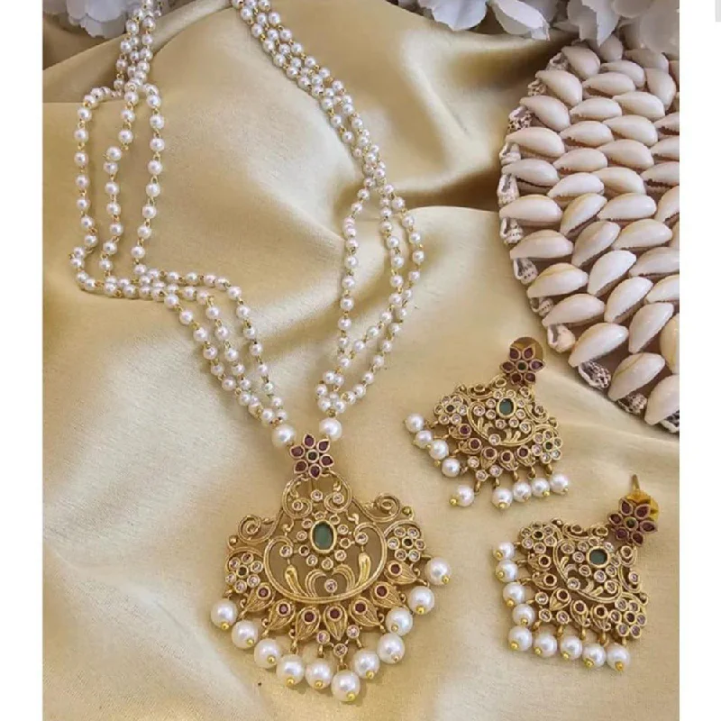 Sai Fashion Gold Plated Pota Stone And Pearls Long Necklace Set