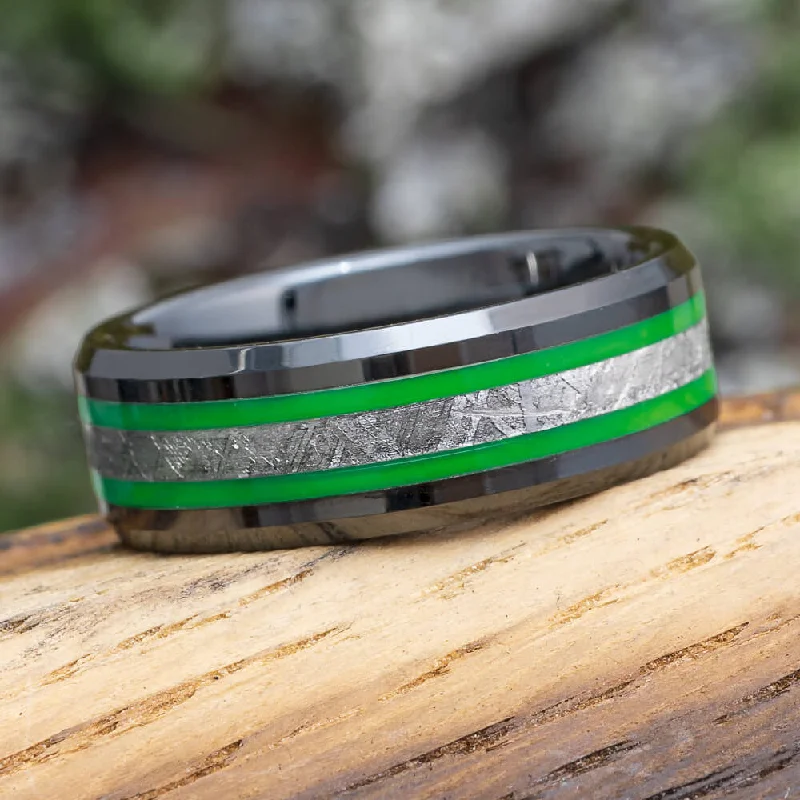 Black & Green Ring With Genuine Meteorite