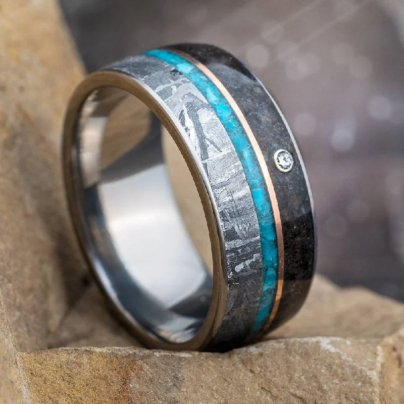 Diamond Wedding Band with Meteorite & Dinosaur Bone