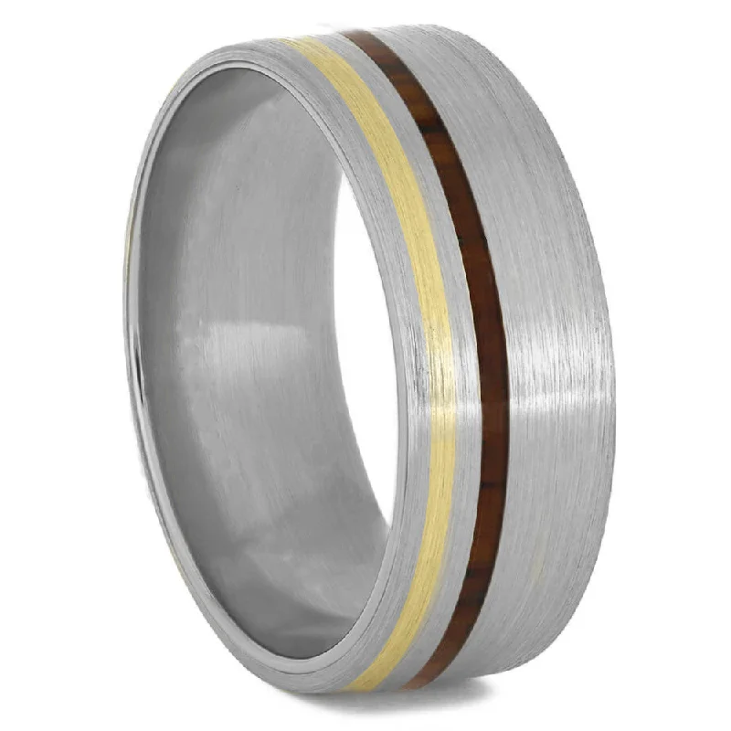 Brushed Titanium and Wood Ring with Gold Pinstripe