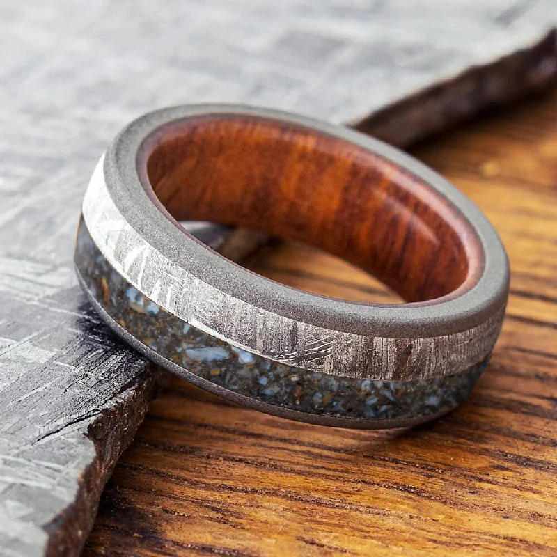 Men's Meteorite Wedding Band with Dinosaur Bone and Wood Sleeve