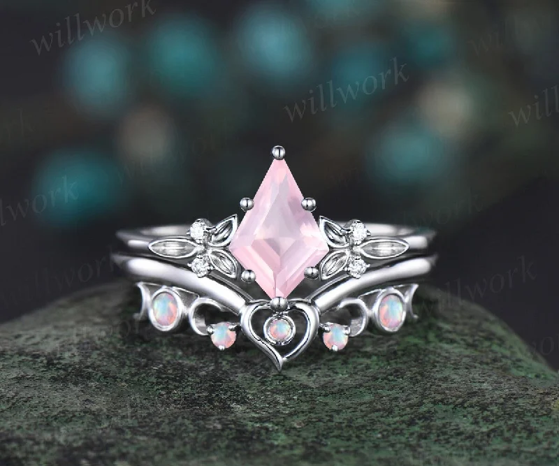 Kite cut rose quartz engagement ring solid 14k white gold leaf five stone heart moon opal ring women unique bridal wedding ring jewelry gift