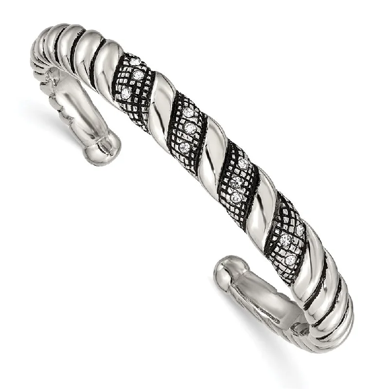 10mm Stainless Steel & Crystal Antiqued & Polished Cuff Bracelet