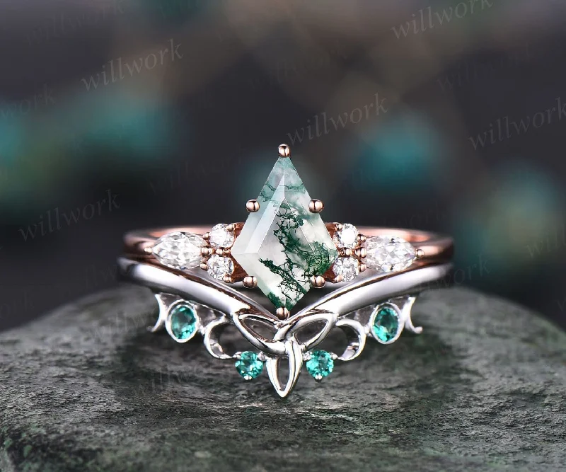 Kite shaped moss agate ring for women vintage unique green moss agate engagement ring set 14k rose gold emerald ring moissanite wedding set