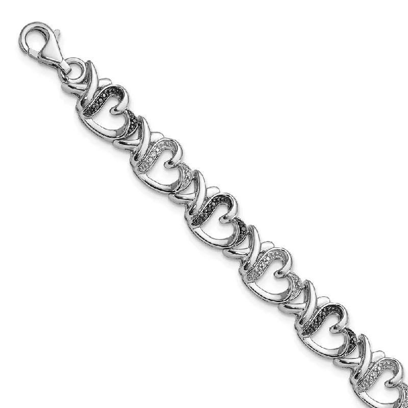 Black & White Diamond 9mm X Heart Sterling Silver Bracelet, 7.5 Inch