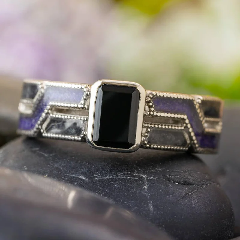 Black Engagement Ring with Onyx and Amethyst