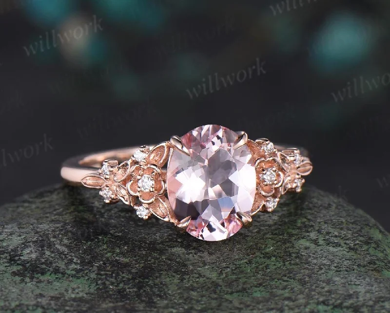 Vintage oval cut pink morganite engagement ring solid 14k rose gold leaf floral diamond wedding promise ring women jewelry