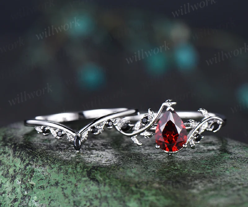 Pear shaped red garnet engagement ring set solid 14k white gold antique black spinel leaf ring set women branch bridal set