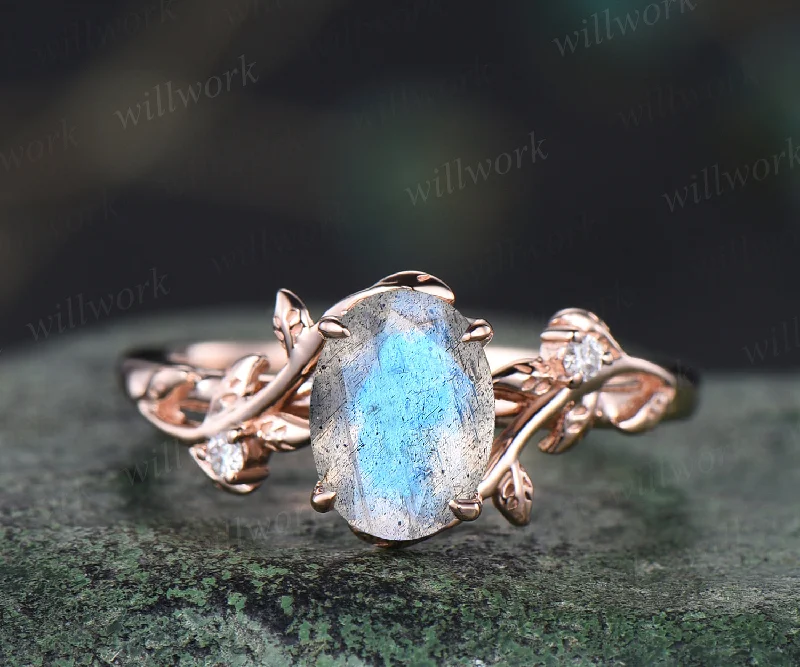 Oval cut blue labradorite engagement ring art deco moissanite leaf twig ring solid 14k rose gold alternative moonstone ring jewelry gifts