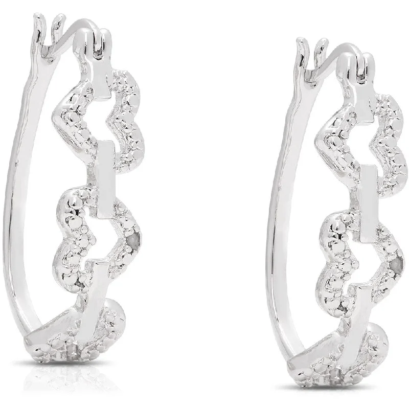 Finesque Silver Overlay Diamond Accent Heart Design Hoop Earrings