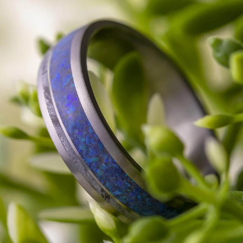 Opal Wedding Band, White Mokume Ring in Matte Titanium