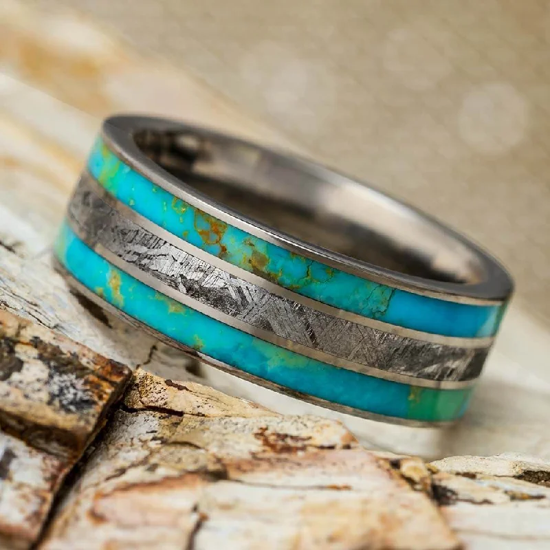 Meteorite Ring With Authentic Turquoise And Titanium Pinstripes