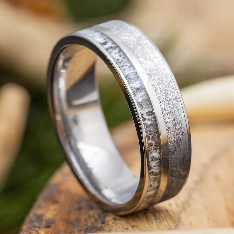 Gibeon Meteorite Ring with Deer Antler Inlay