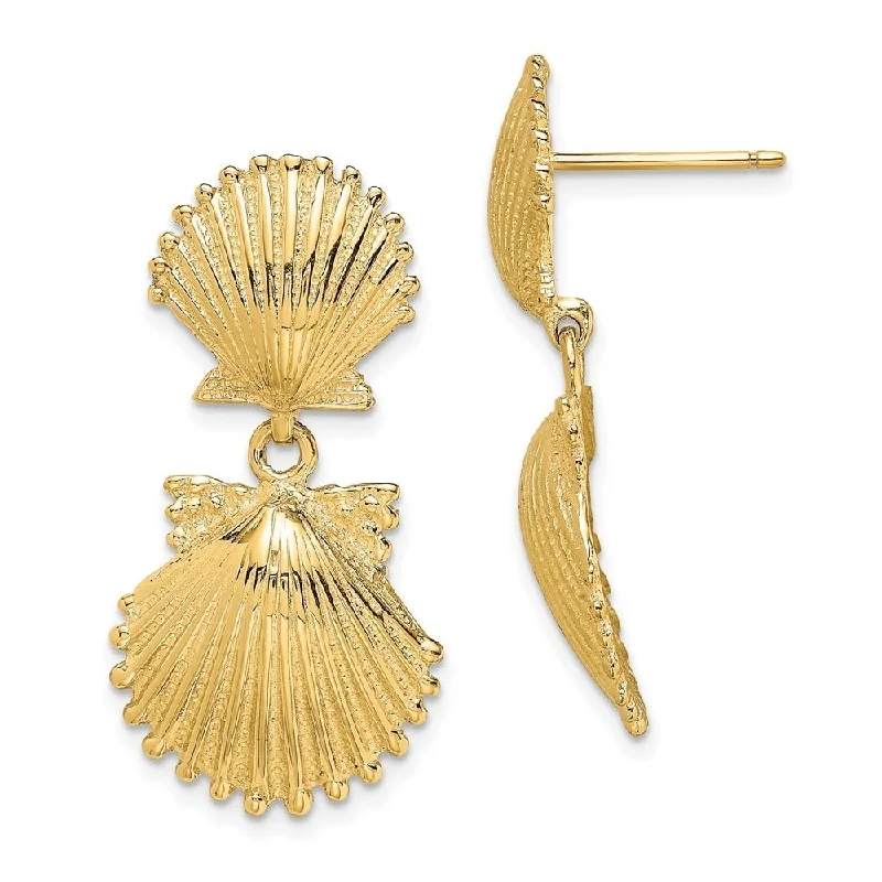 Diamond2Deal 14K Yellow Gold Double Scallop Shell Dangle Earrings (L-29.2 mm, W-14.66 mm)