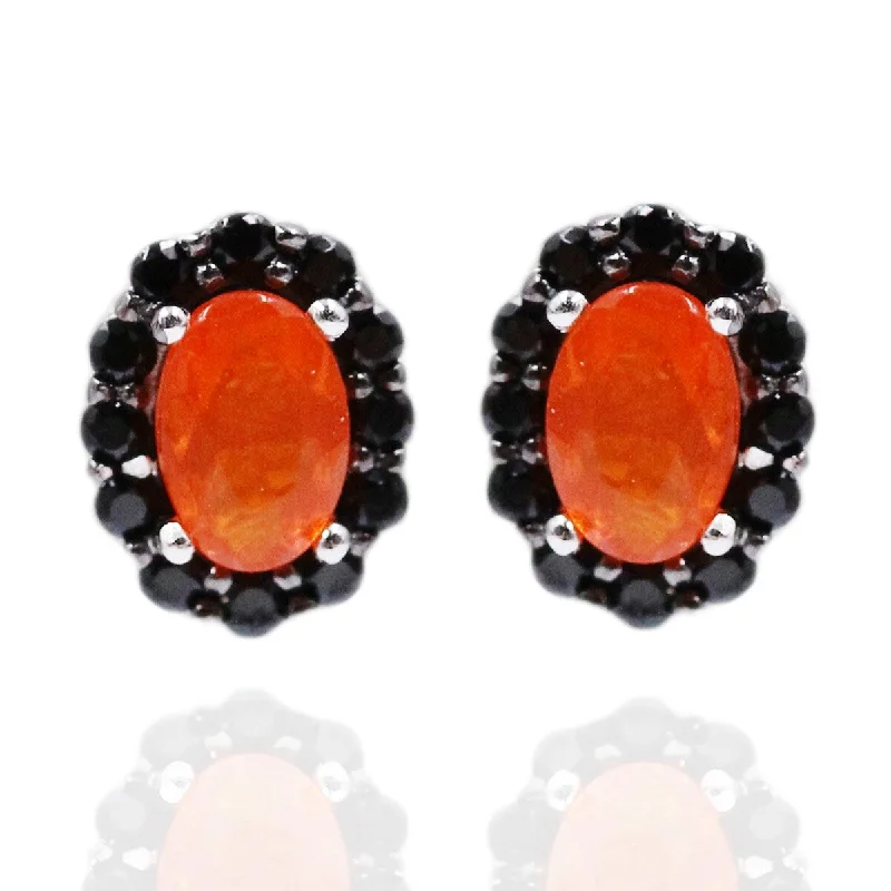 925 Sterling Silver Orange Opal and Black Spinel Studs Earrings