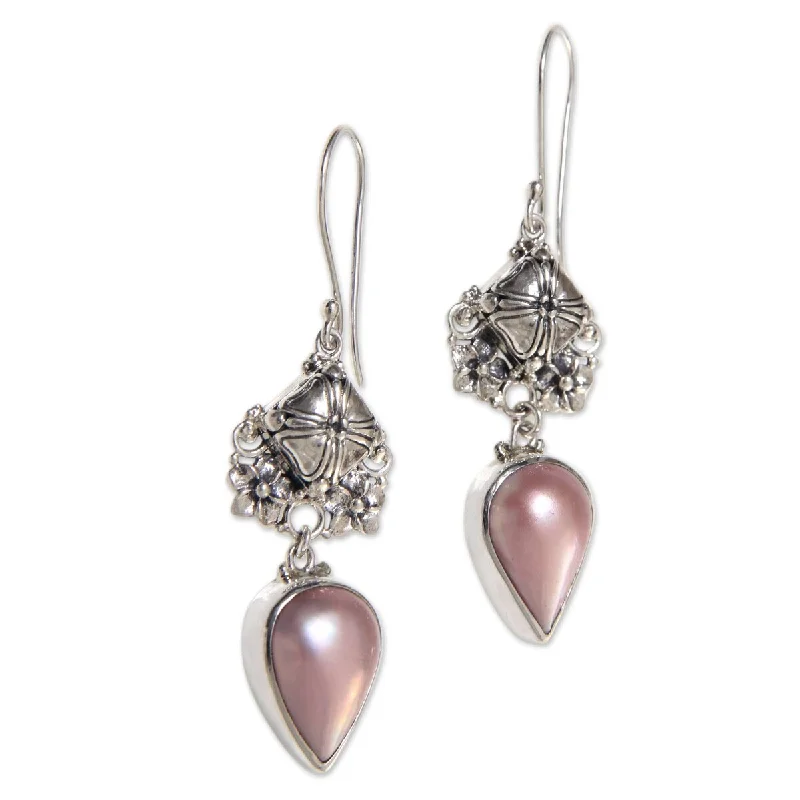 NOVICA Budding Frangipani, Pink mabe pearl dangle earrings - 2.6L*0.6W