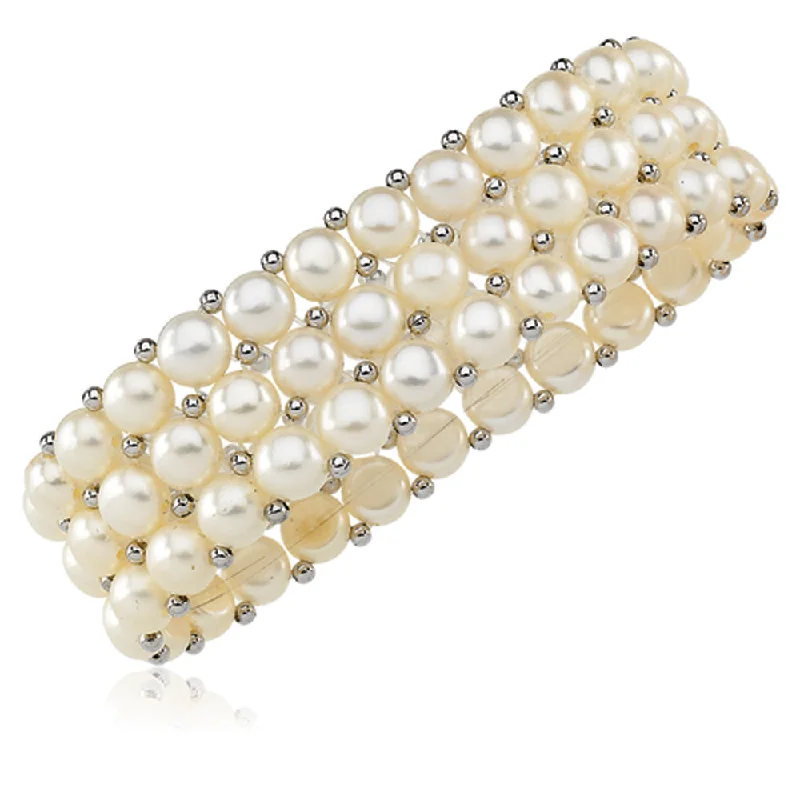 FW Cultured White Button Pearl & Sterling Silver Bead Stretch Bracelet