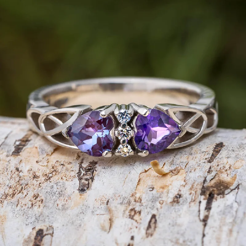 Double Heart Cut Birthstone Ring with Meteorite Inlay