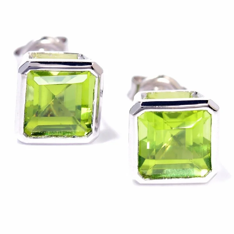 Sterling Silver Bezel-set 7mm Princess-cut Peridot Stud Earrings