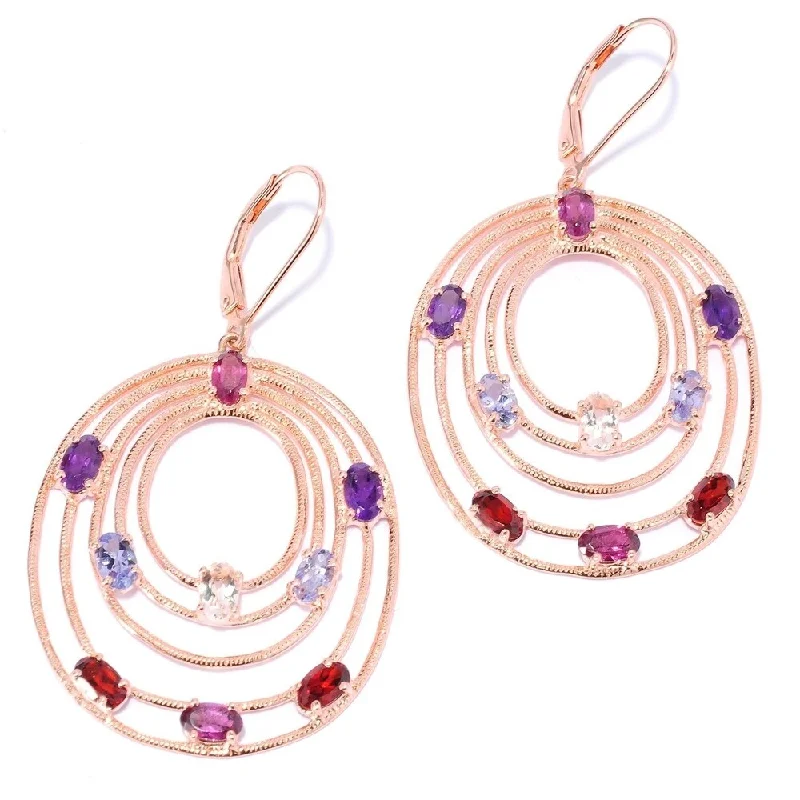 Rose Gold o/Silver 4.3ctw Rhodolite Garnet Multi Gemstones Dangle Earrings 2'L